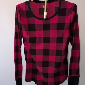Old Navy Thermal Top Womens XL Red Black Buffalo Plaid Waffle Knit Scoop Neck